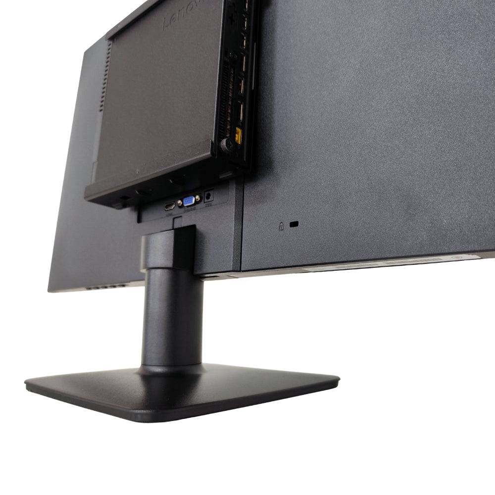 Vista ravvicinata delle porte posteriori del monitor Philips con Mini PC Lenovo M910q, connettività versatile per uso quotidiano.