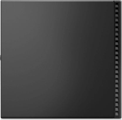 Vista laterale superiore del Lenovo ThinkCentre M70q Mini PC con superficie liscia e griglia di ventilazione laterale. Design minimalista.