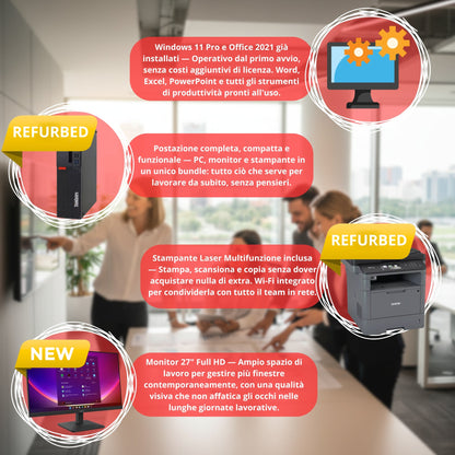 Bundle Ufficio Completo Lenovo M920S | Intel Core i5-8400 | Ram 16GB | SSD 512GB | Monitor 27" + Stampante Brother WiFi + Kit Wireless Win 11 Pro & Office 2021