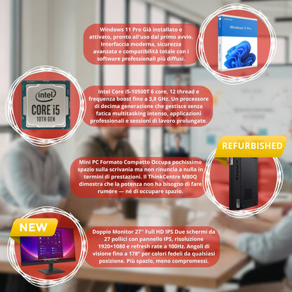 Bundle Lenovo Dual Monitor | ThinkCentre M80Q Mini PC i5-10500T Ram 16GB SSD 512GB Win11 Pro + 2x ThinkVision S27-4e 27" FHD IPS 100Hz NUOVI