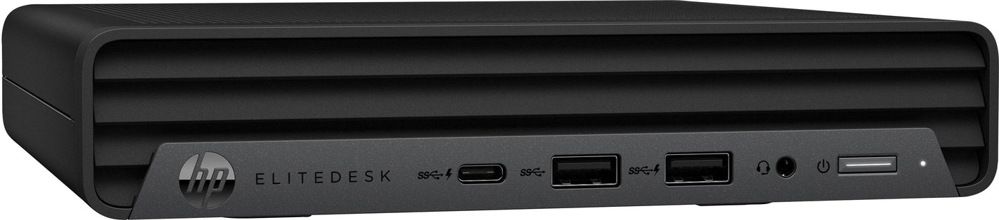 Vista angolata del Mini PC HP EliteDesk 800 G6 con porte USB e Type-C, soluzione compatta per ambienti di lavoro moderni.