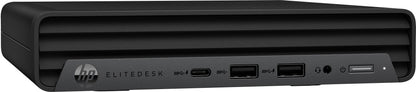 Vista angolata del Mini PC HP EliteDesk 800 G6 con porte USB e Type-C, soluzione compatta per ambienti di lavoro moderni.
