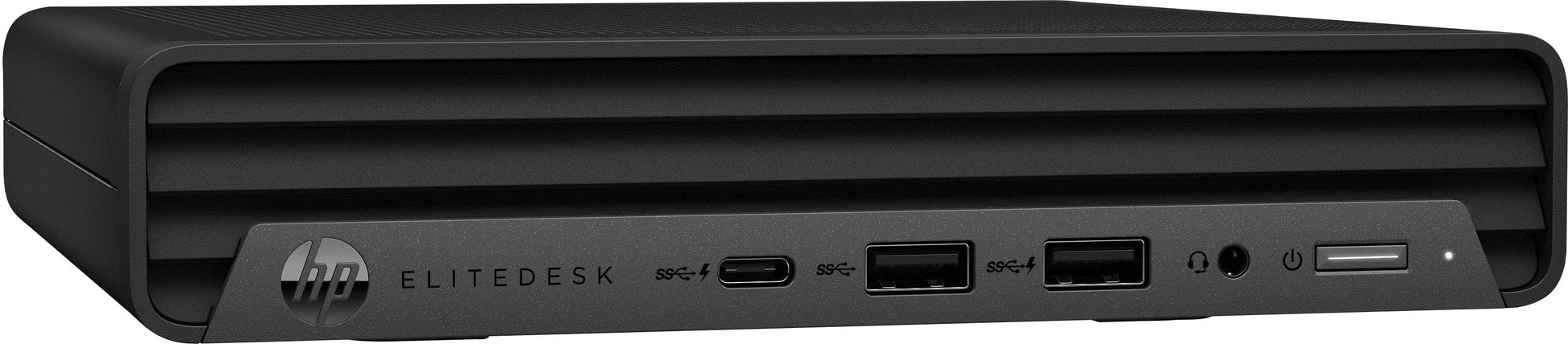 Vista angolata del Mini PC HP EliteDesk 800 G6 con porte USB e Type-C, soluzione compatta per ambienti di lavoro moderni.