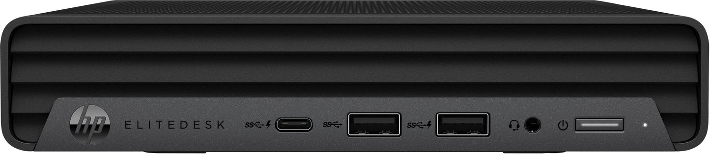 Vista frontale del Mini PC HP EliteDesk 800 G6 con Intel Core i5-10500T, dotato di porte USB e audio per massima connettività.