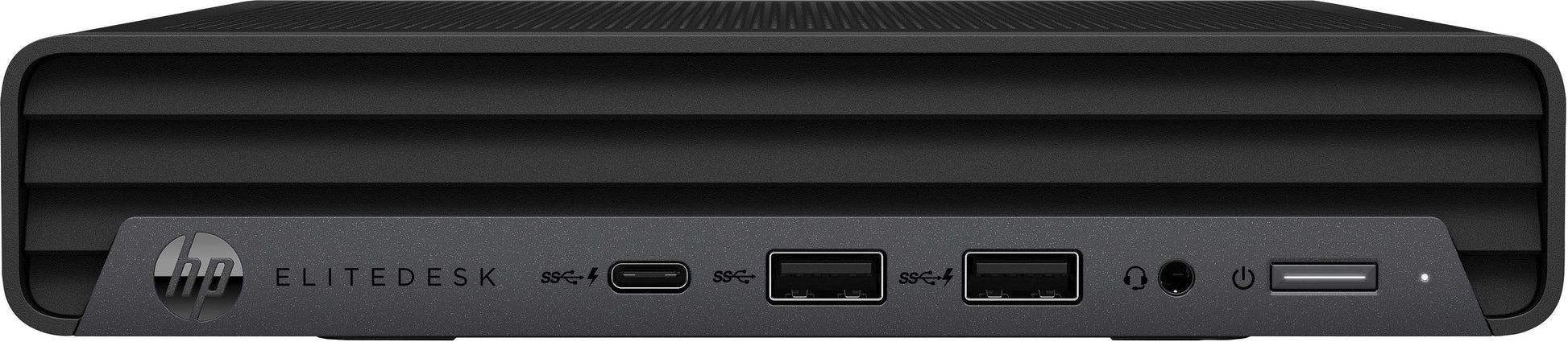 Vista frontale del Mini PC HP EliteDesk 800 G6 con Intel Core i5-10500T, dotato di porte USB e audio per massima connettività.