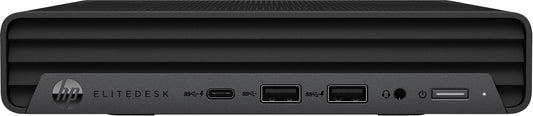 Vista frontale del Mini PC HP EliteDesk 800 G6 con Intel Core i5-10500T, dotato di porte USB e audio per massima connettività.