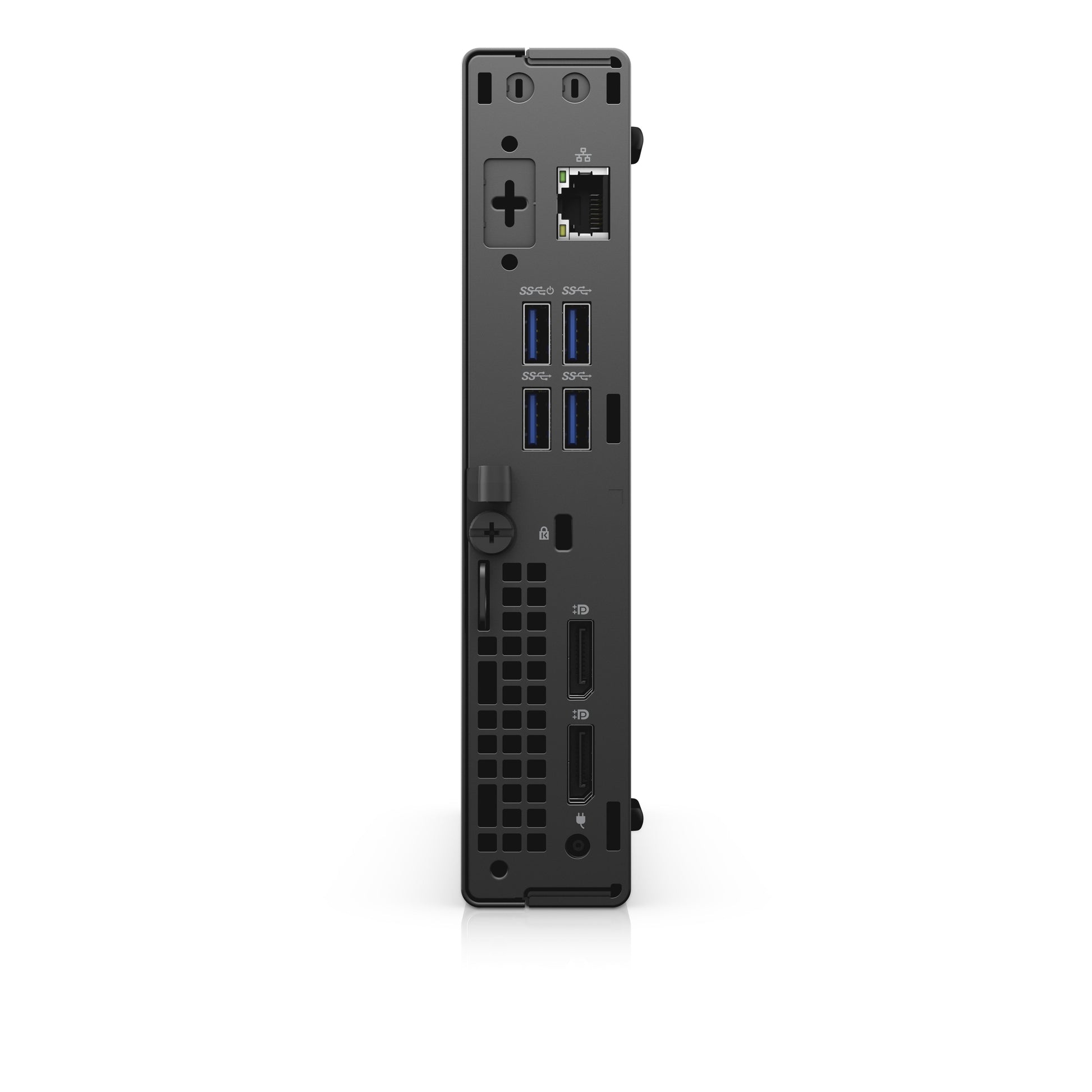Retro del DELL OptiPlex 5090 Mini PC con porte USB, Ethernet e DisplayPort. PC desktop ricondizionato ideale per configurazioni personalizzate.