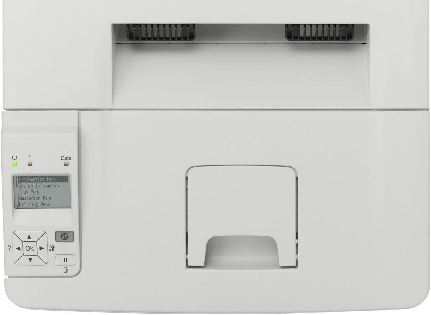 Vista dall’alto della stampante Epson AL-M300 con pannello di controllo LCD. Interfaccia intuitiva per gestione documenti.