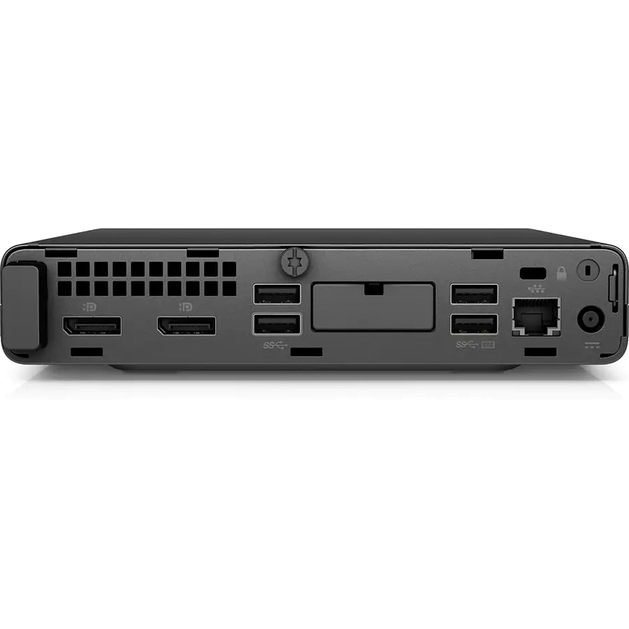 Rear view of HP EliteDesk 800 G5 Mini PC with USB ports, DisplayPorts, and Ethernet, refurbished computer Messoanuovo.it.