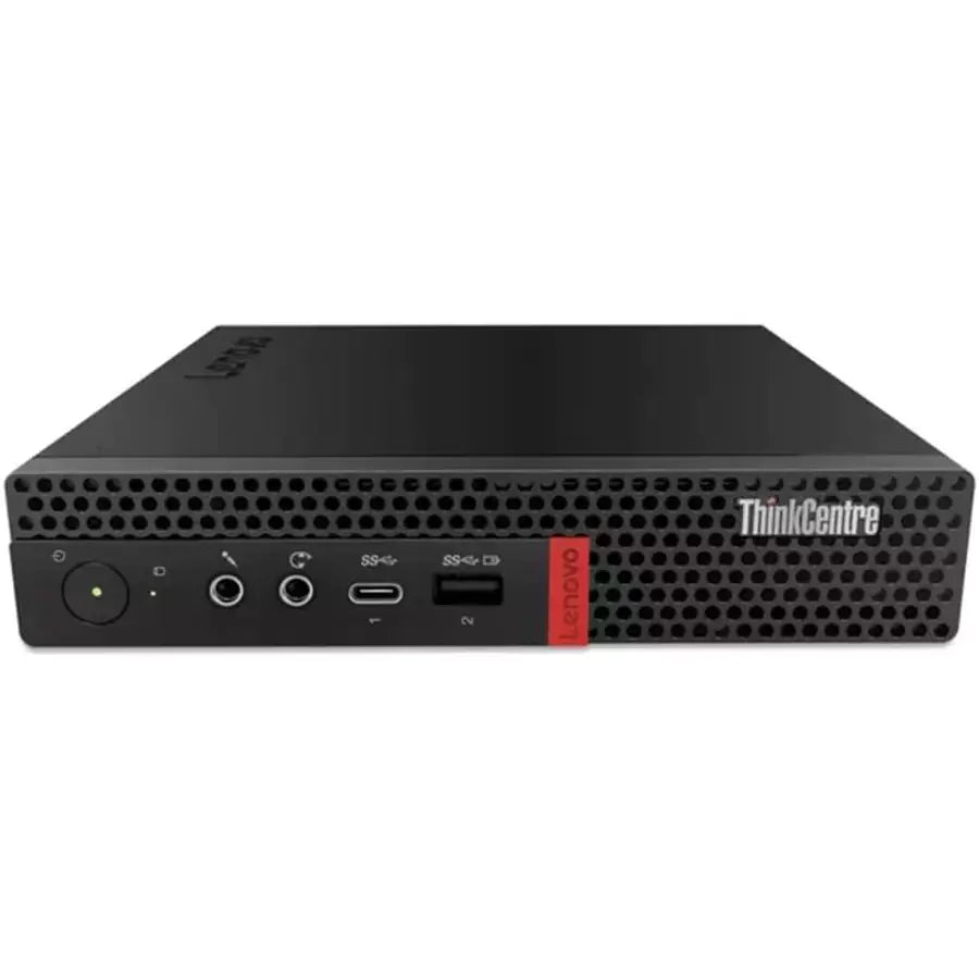 Mini PC Lenovo M920q posizionato orizzontalmente, con porte audio e USB visibili. Ideale per configurazioni desktop compatte.