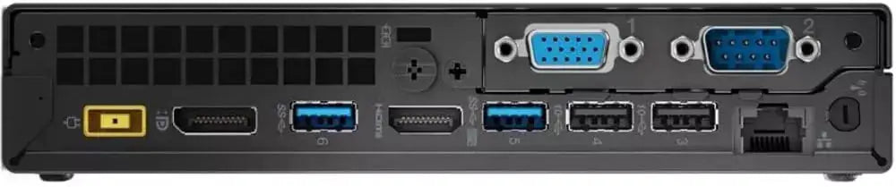 Retro del Mini PC Lenovo M920q con porte VGA, USB, HDMI e Ethernet. Connettività completa per uso professionale.
