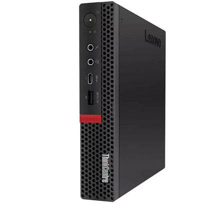 Mini PC Lenovo ThinkCentre M920q compatto con porte frontali USB e jack audio. Design salvaspazio per postazioni ufficio efficienti.