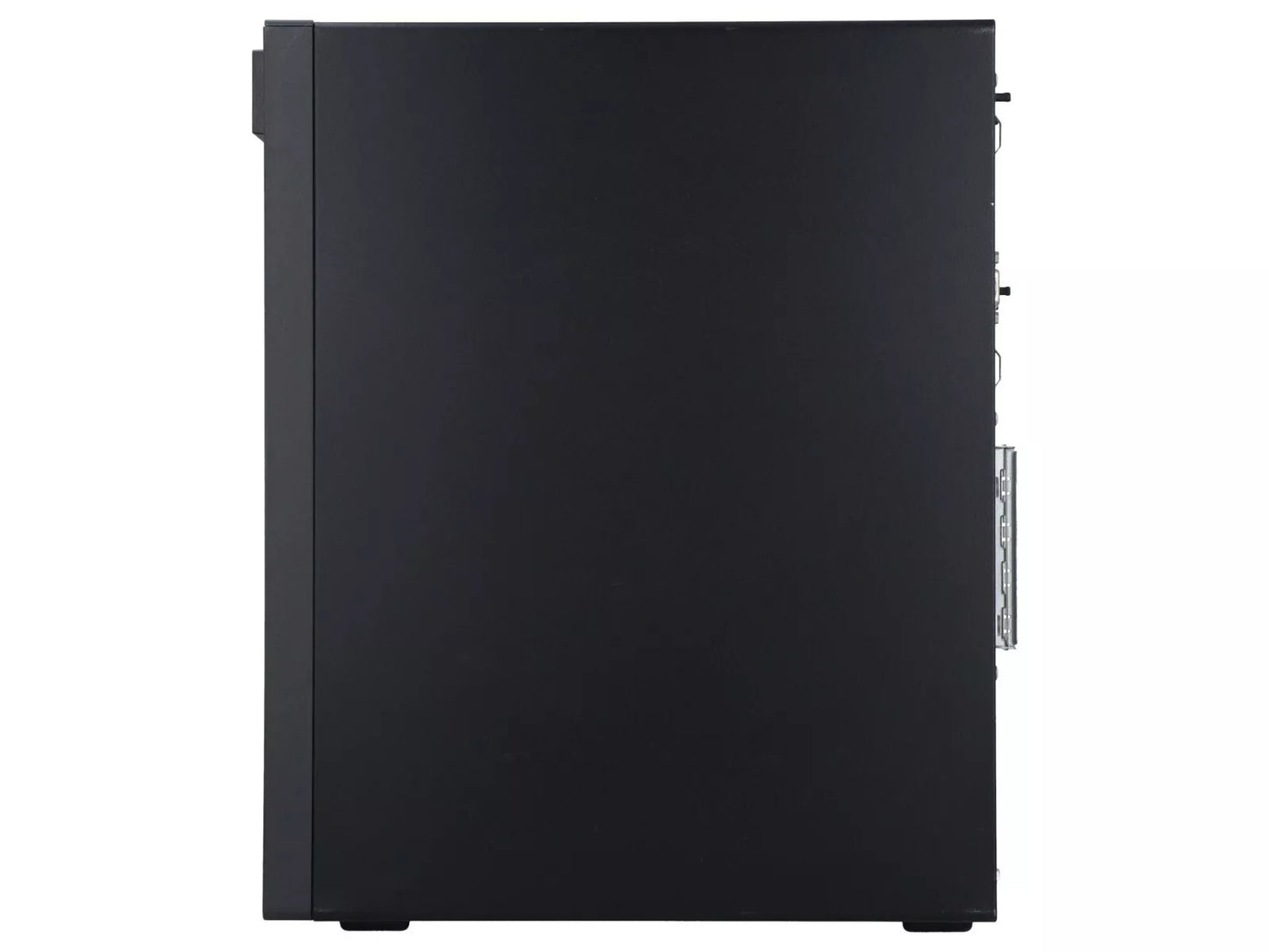Vista laterale destra del PC fisso Lenovo ThinkCentre i7 ricondizionato, case nero minimalista adatto a spazi di lavoro moderni.