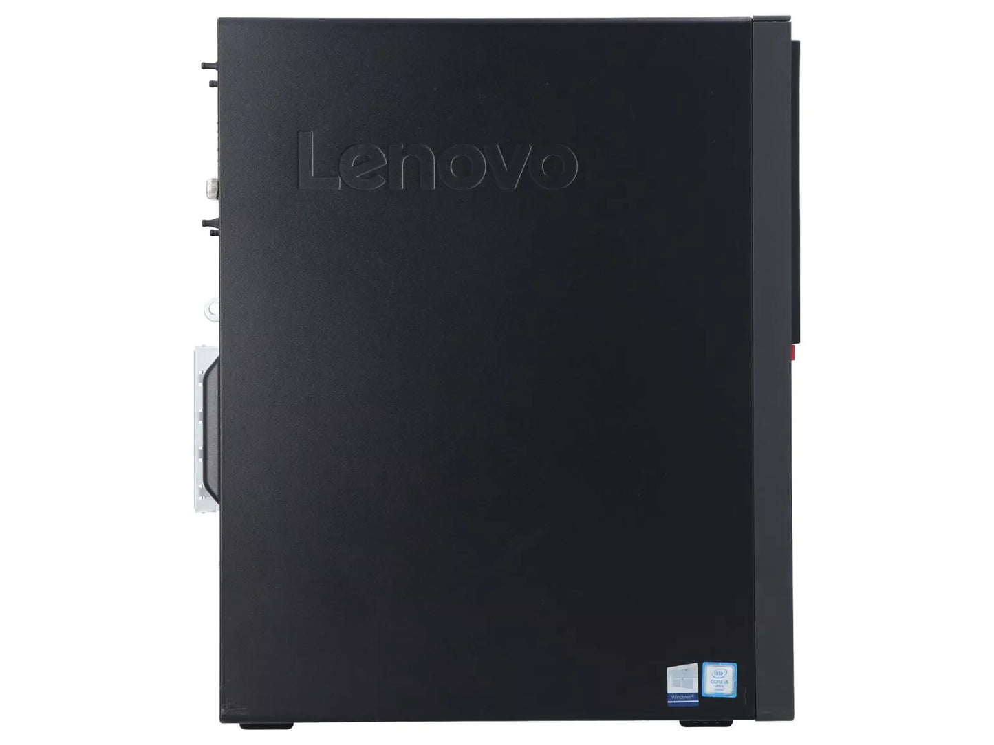 Lato sinistro del Lenovo ThinkCentre M710T ricondizionato, con logo inciso e struttura robusta per ambienti professionali.