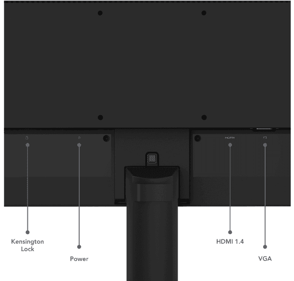 Porte posteriori del Lenovo ThinkVision S27-4e con ingressi HDMI 1.4, VGA e alimentazione, perfetto per connessioni versatili.