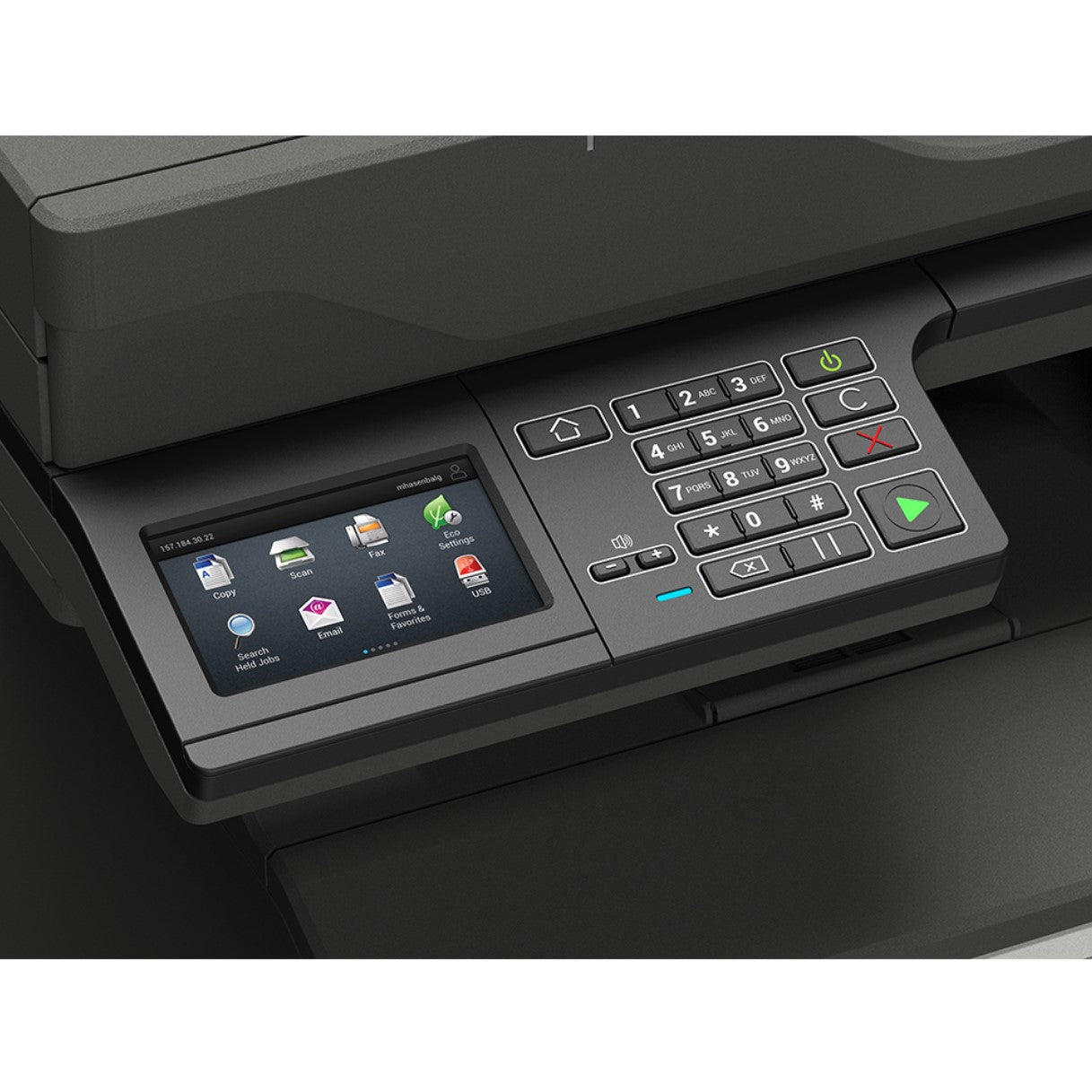 Dettaglio del pannello di controllo touch della Lexmark MX521de con tasti funzione e interfaccia intuitiva per stampa, copia e fax.