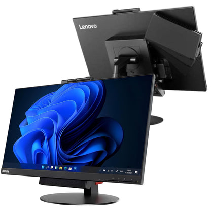 Lenovo ThinkCentre TIO24 All-in-One con display Full HD e modulo PC posteriore, ideale per postazioni modulari e salvaspazio in ufficio.