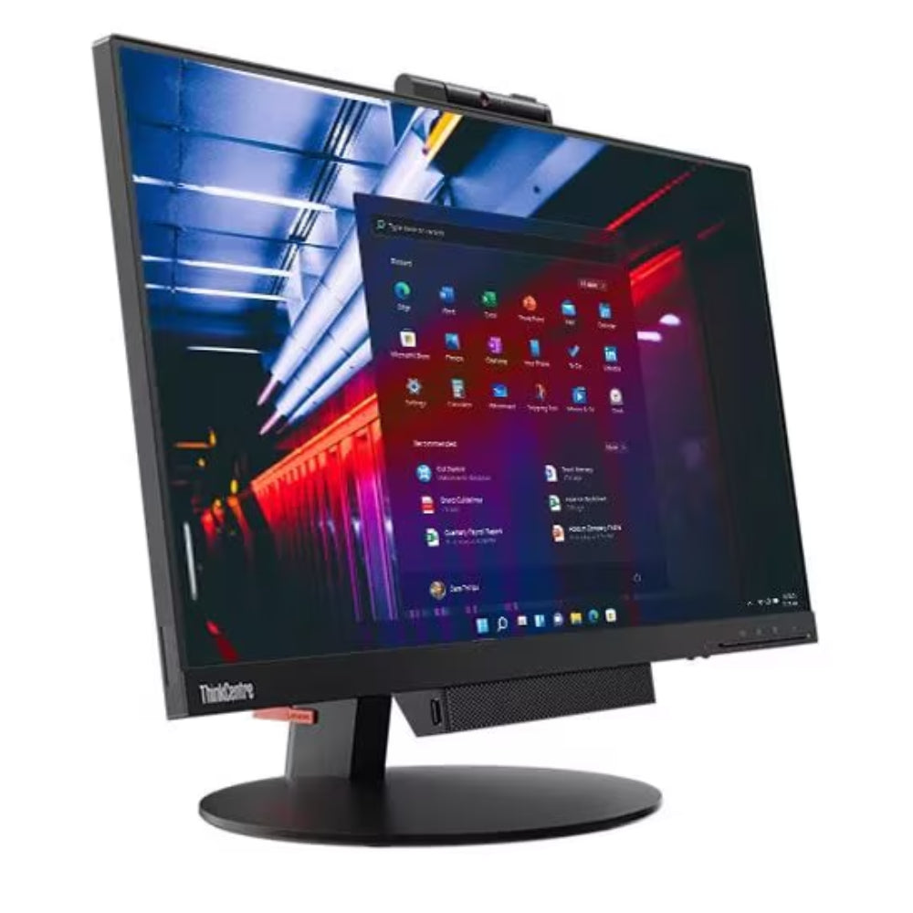 Lenovo ThinkCentre TIO24 All-in-One con display acceso e design moderno, perfetto per uffici e ambienti di lavoro dinamici.