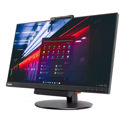 Vista laterale del Lenovo ThinkCentre TIO24 All-in-One con cornici sottili e webcam pop-up, ottimizzato per spazi ristretti.
