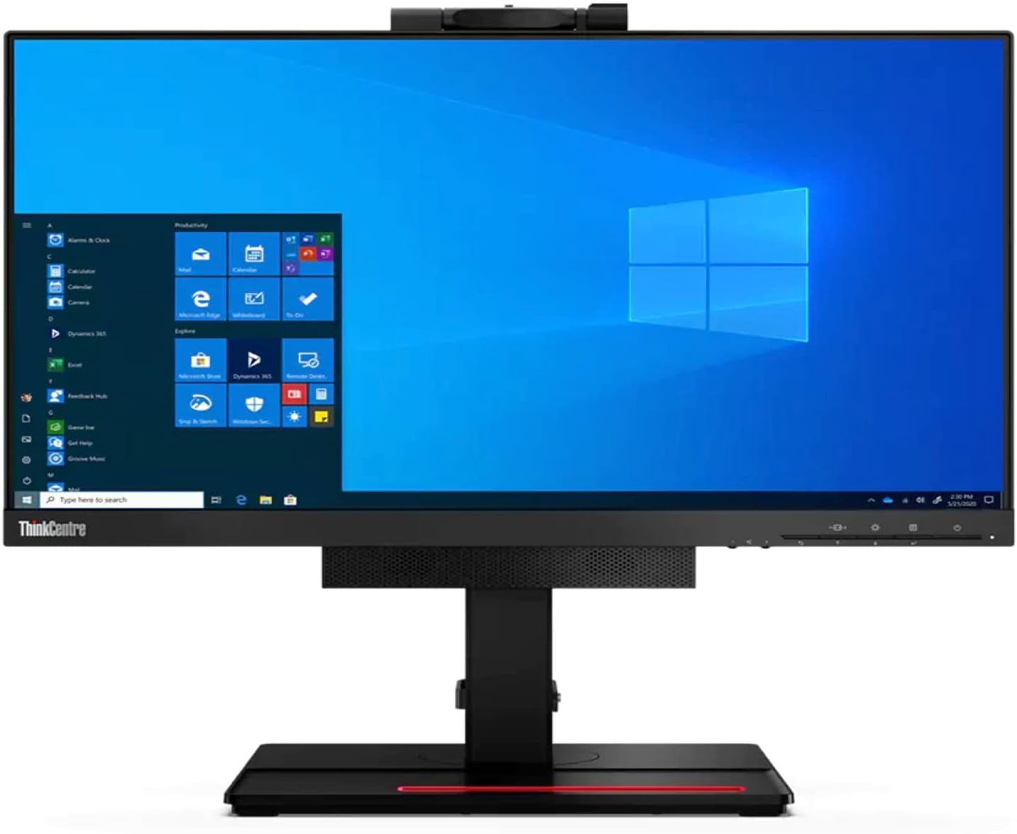 Lenovo ThinkCentre TIO24 All-in-One acceso con Windows, schermo da 24 pollici e webcam integrata per videoconferenze professionali.